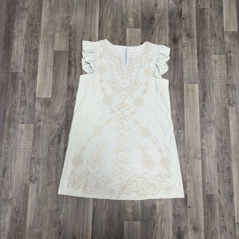 Anthropologie THML light denim embroidered floral shift dress - Picture 2 of 7